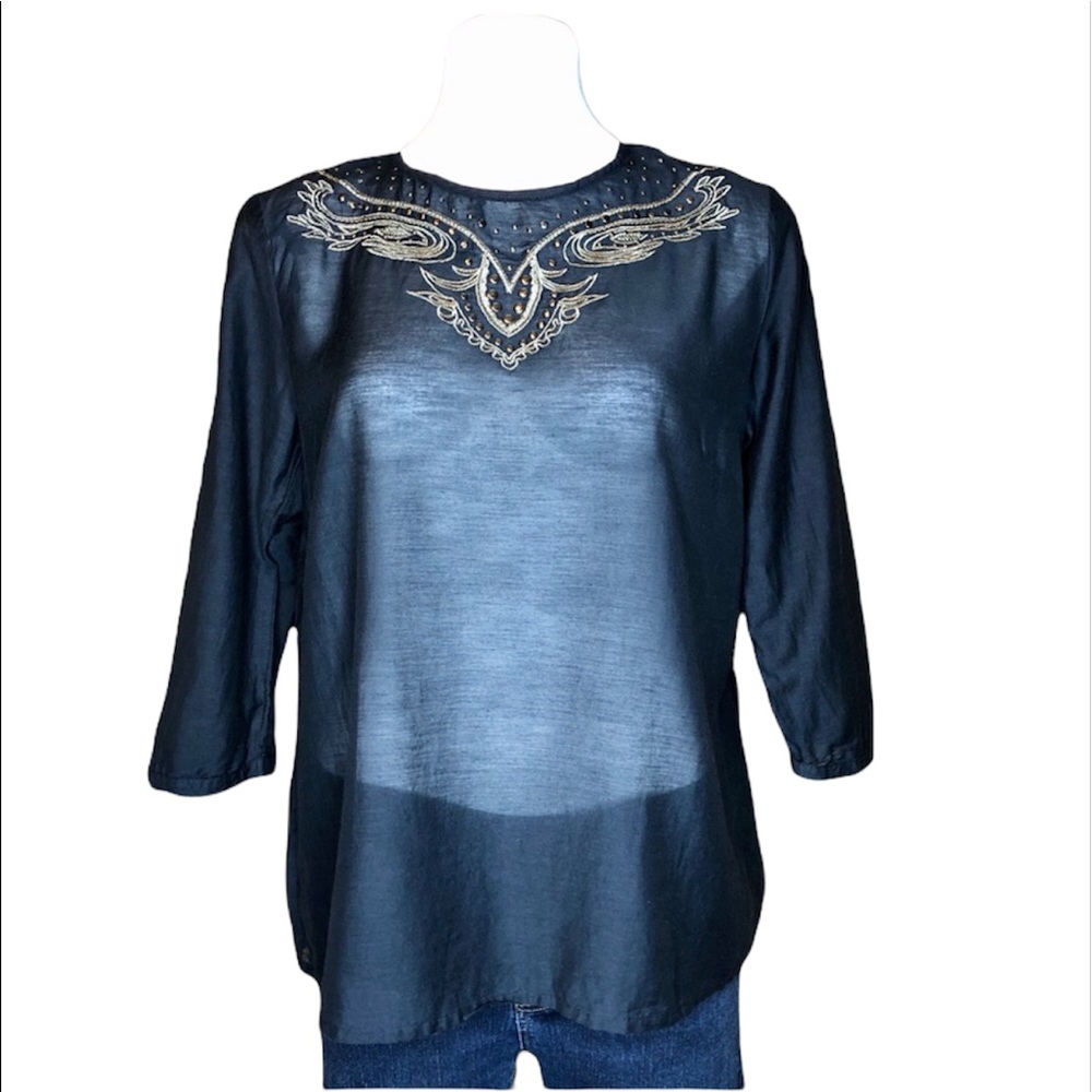 MNG Semi Sheer Black Top  3/4 Sleeve Embroidered Rhinestones Womens Medium